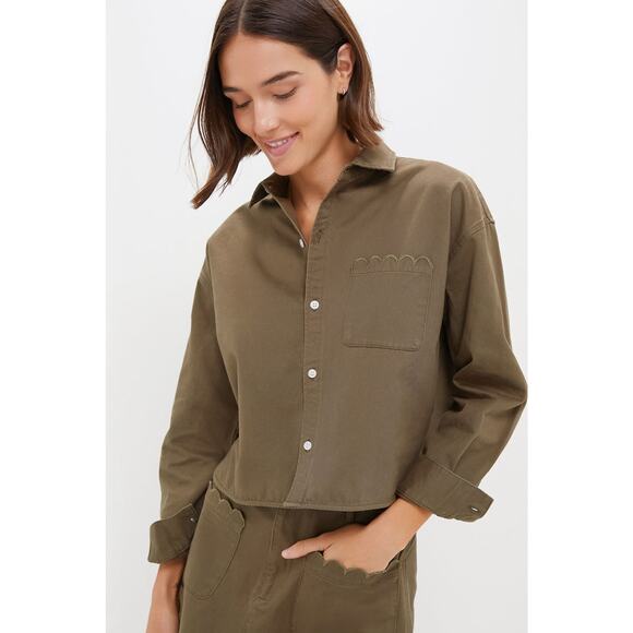 TUCKERNUCK Army Green Chino Cropped Jasper Button Down NWT L - Picture 2 of 6